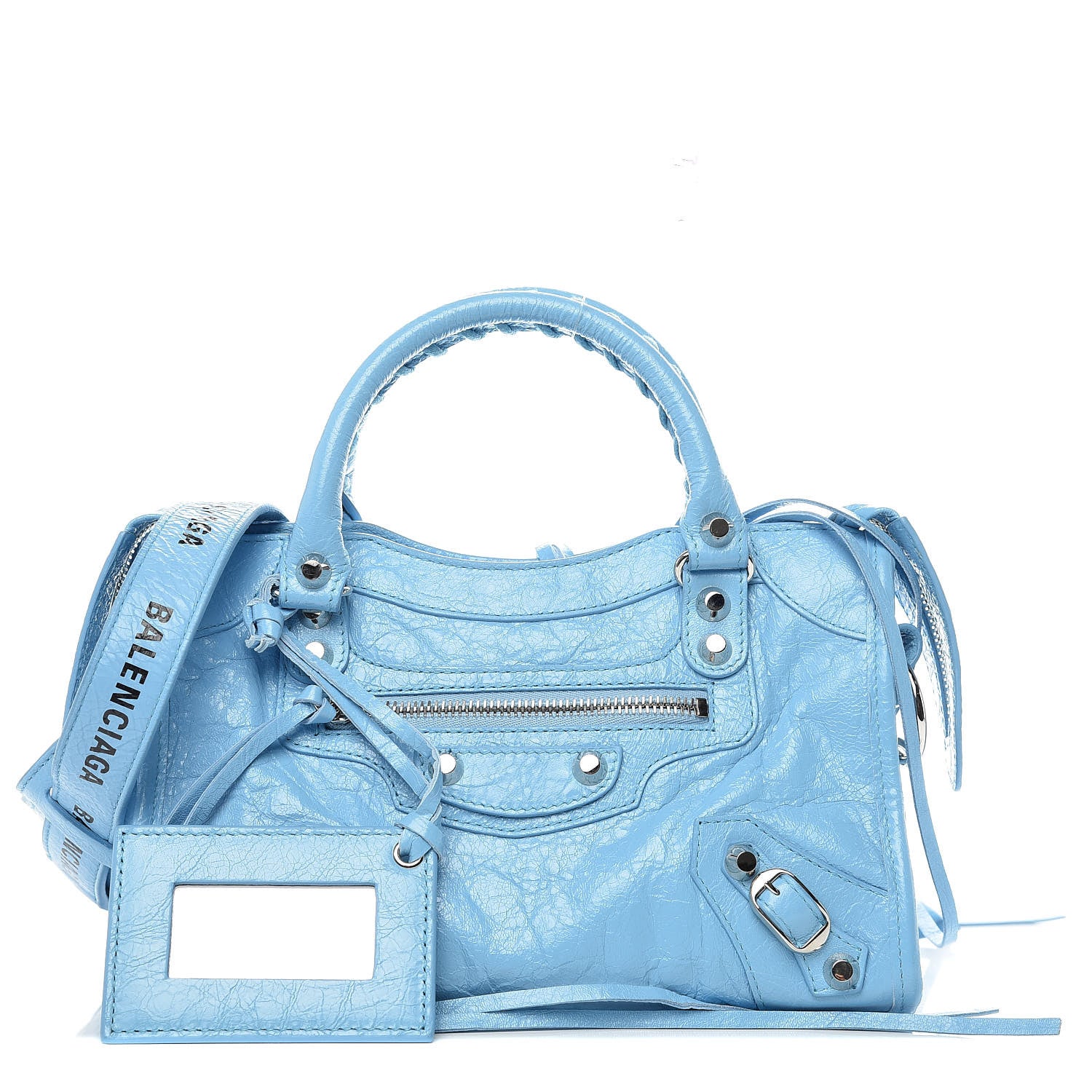 Balenciaga Agneau Classic Silver Hardware Mini City Logo Strap Baby Blue Black 1 of 9