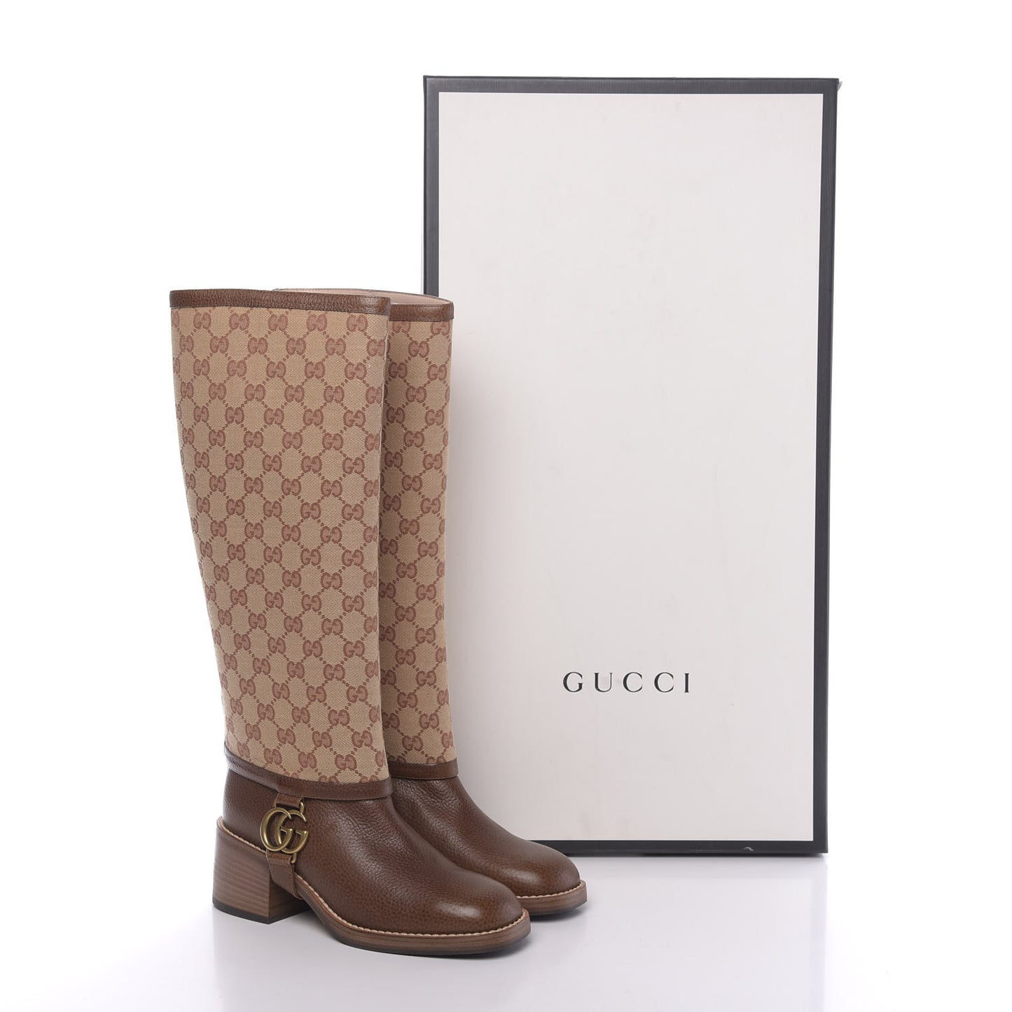 GG Monogram Calfskin Lola Tall Boots 36.5 Beige Ruggine Cuir