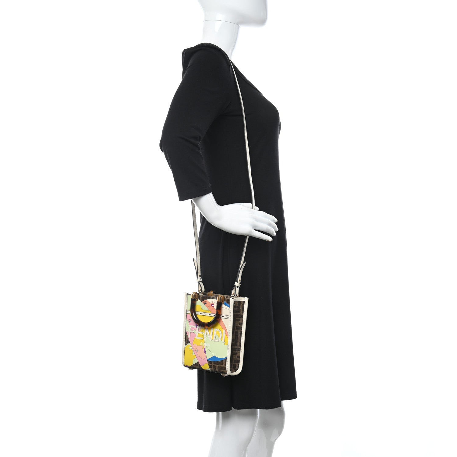 Fendi Glazed Fabric Vitello King Plexiglass FF 1974 Logo Hairdo Girls Inlay Mini Fendi Sunshine Shopper Tote Mogano Panna Multicolor 2 of 9