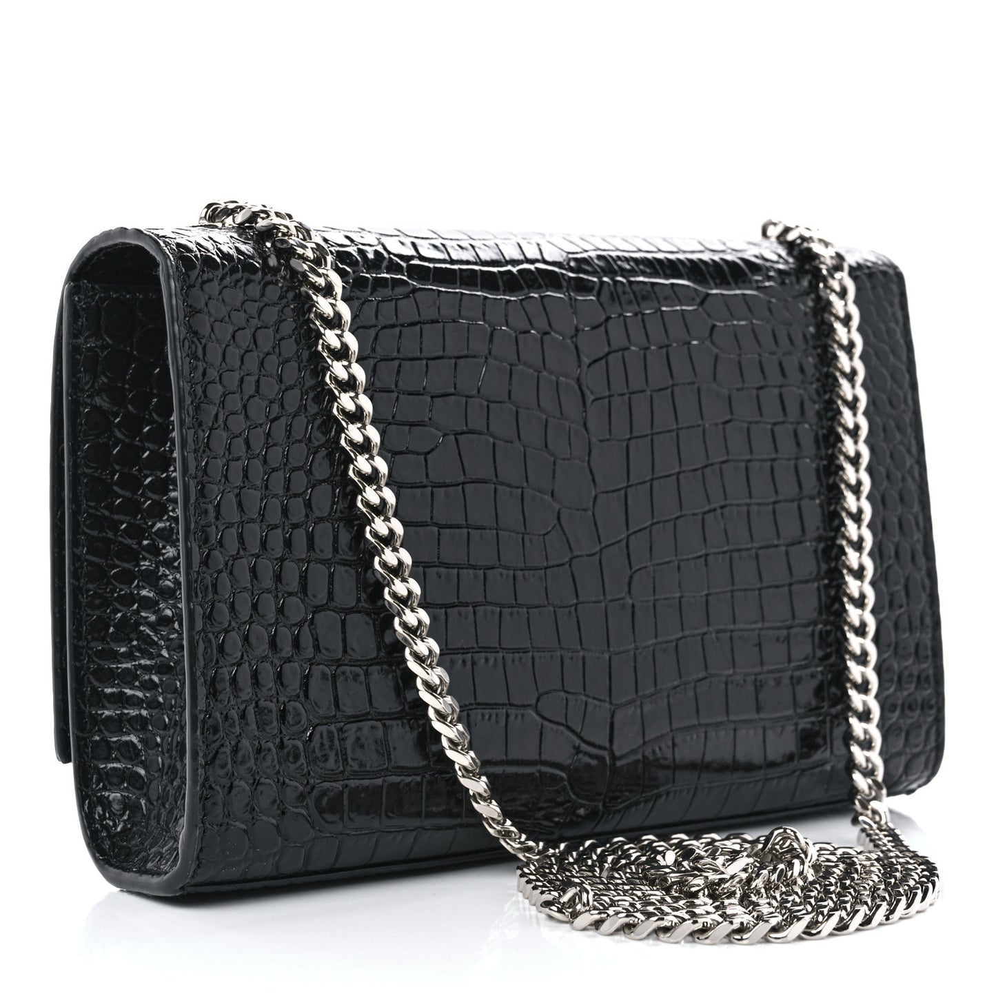 Calfskin Crocodile Embossed Small Classic Monogram Kate Tassel Satchel Black