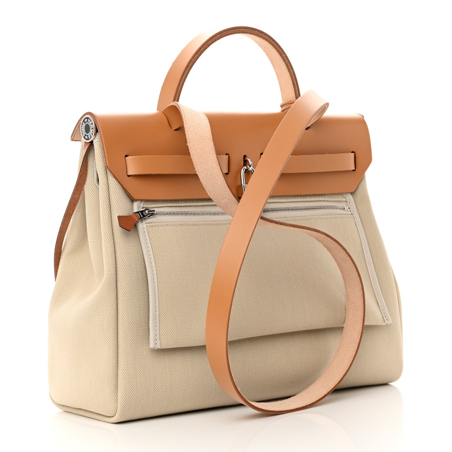 Hermes Military Toile Vache Hunter Horseshoe Herbag Zip Retourne 31 PM Beton Naturel 4 of 13