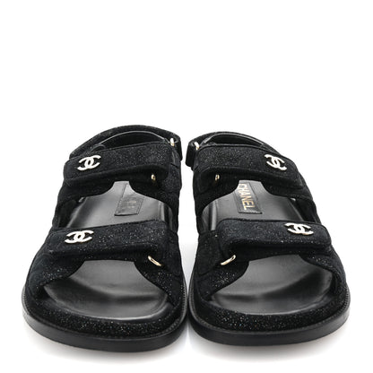 Chanel Suede Calfskin Glitter Crystal Velcro Dad Sandals 40 Black 3 of 9