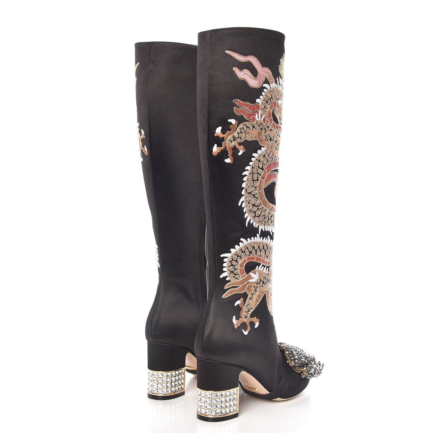 Silk Satin Malaga Kid Embroidered Candy Dragon Block-Heel Knee Boot 36 Black