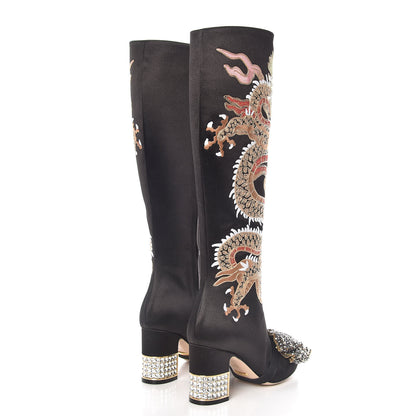 Gucci Silk Satin Malaga Kid Embroidered Candy Dragon Block-Heel Knee Boot 36 Black 4 of 9