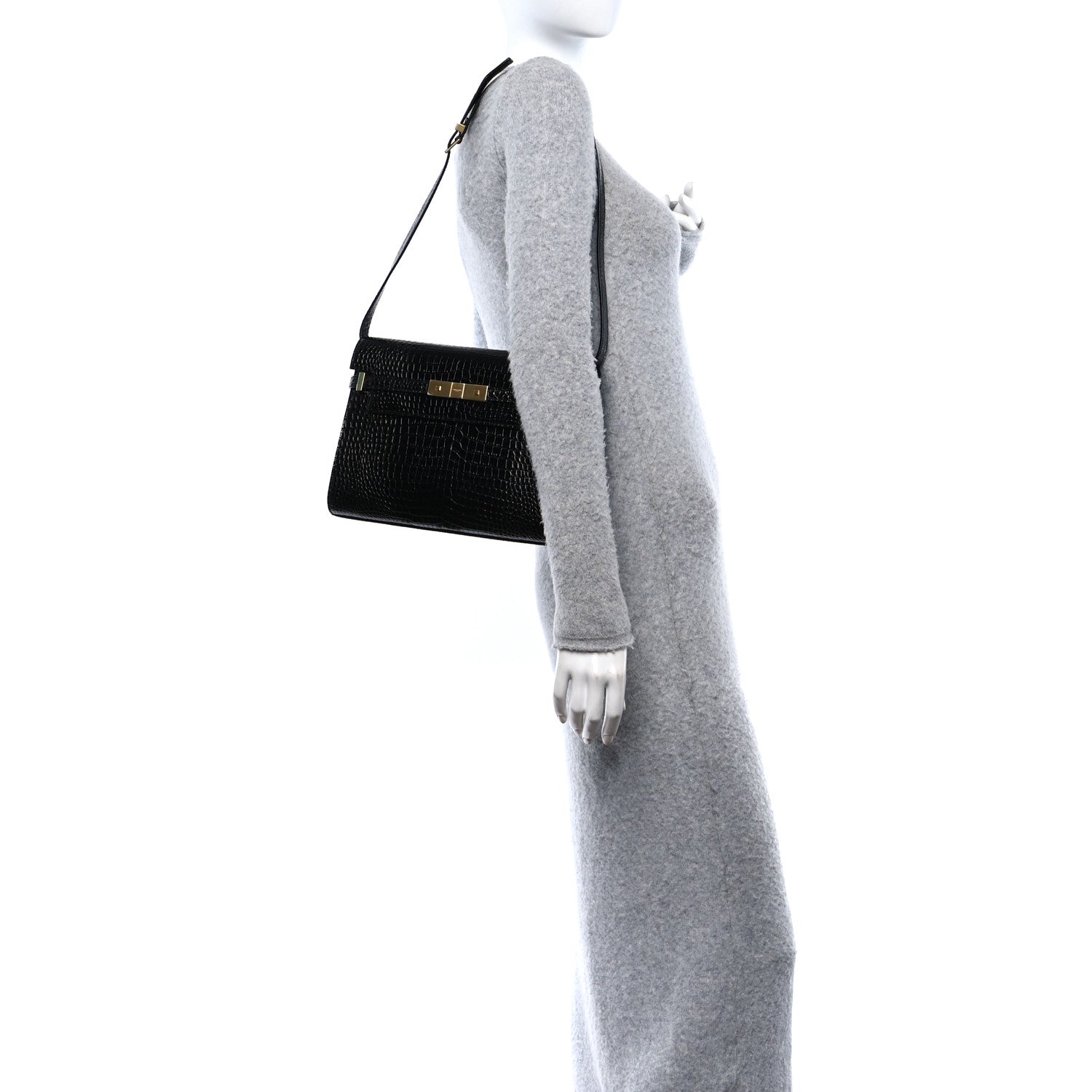 Saint Laurent Shiny Calfskin Crocodile Embossed Manhattan Baguette Black 2 of 10