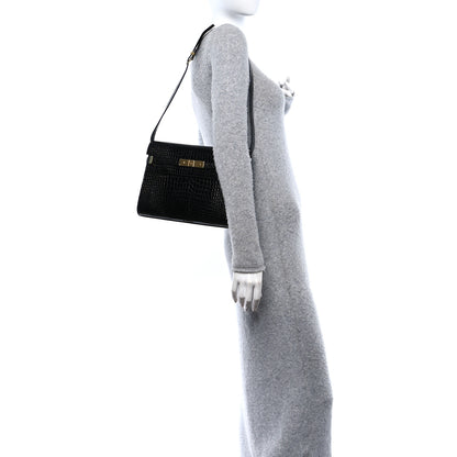 Saint Laurent Shiny Calfskin Crocodile Embossed Manhattan Baguette Black 2 of 10