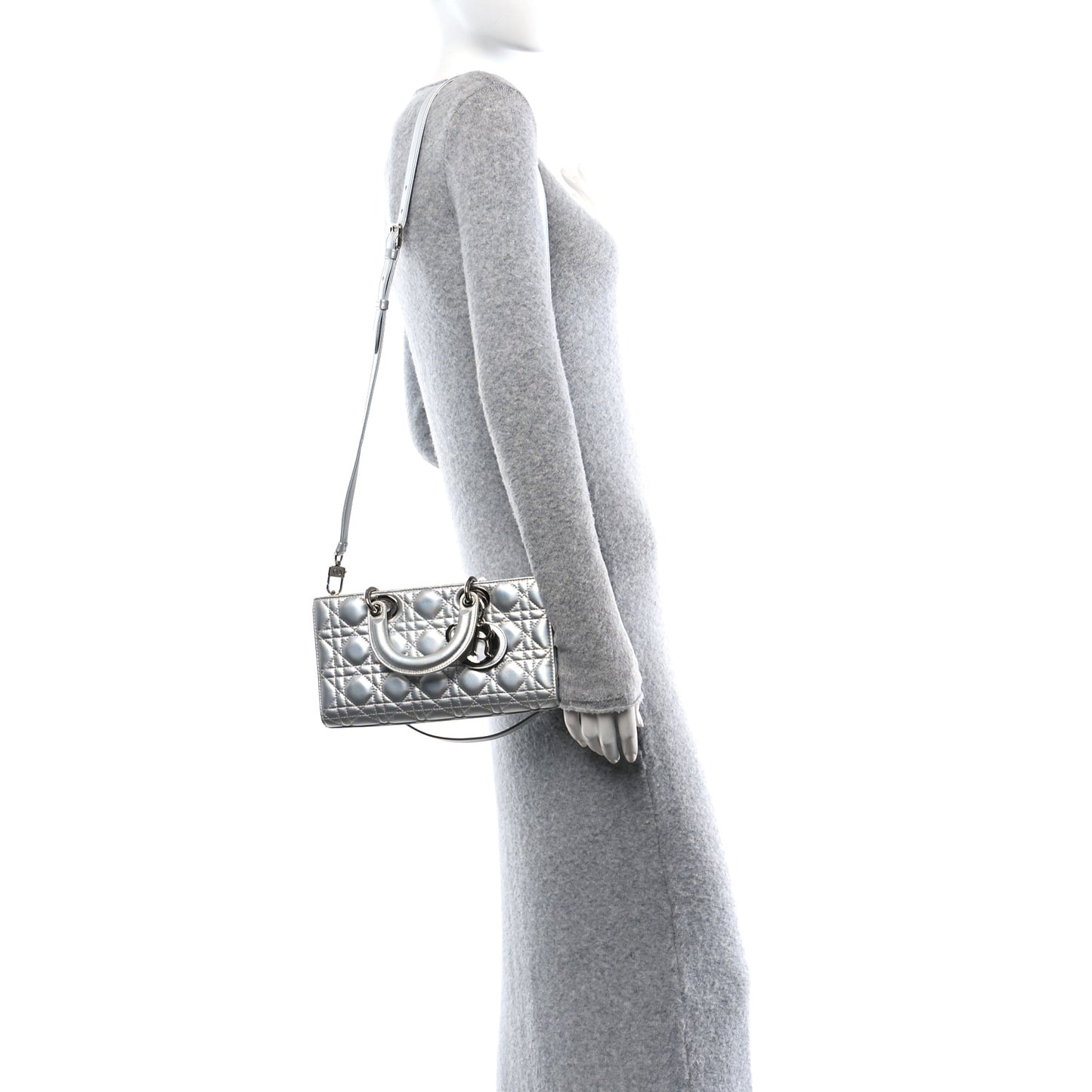 Metallic Lambskin Cannage Medium Lady D-Joy Silver