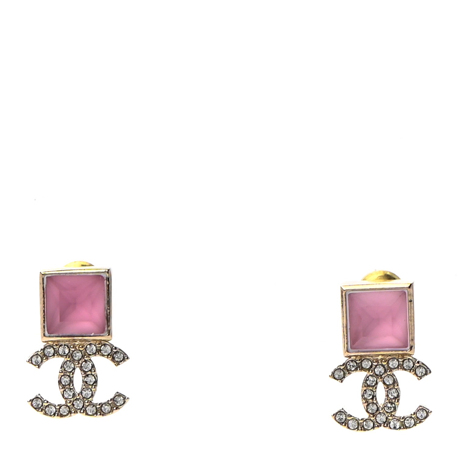 Chanel Metal Crystal CC Earrings Gold Pink 1 of 4
