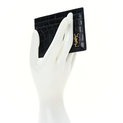 Saint Laurent Calfskin Crocodile Embossed Monogram Tiny Cassandra Credit Card Case Black 2 of 7