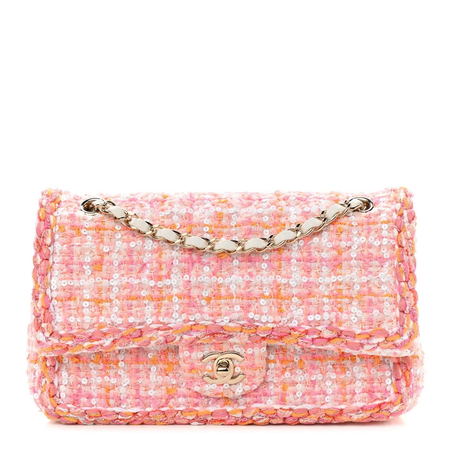 Tweed Braid Sequin Medium Double Flap White Pink Orange