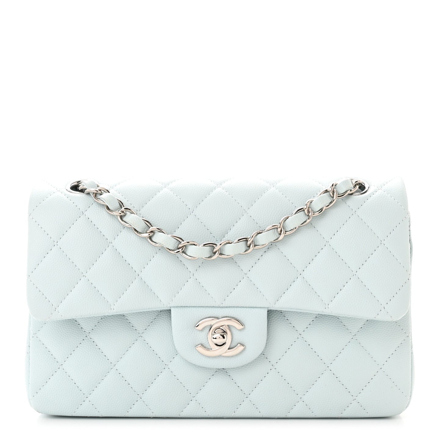Caviar Quilted Small Double Flap Light Blue