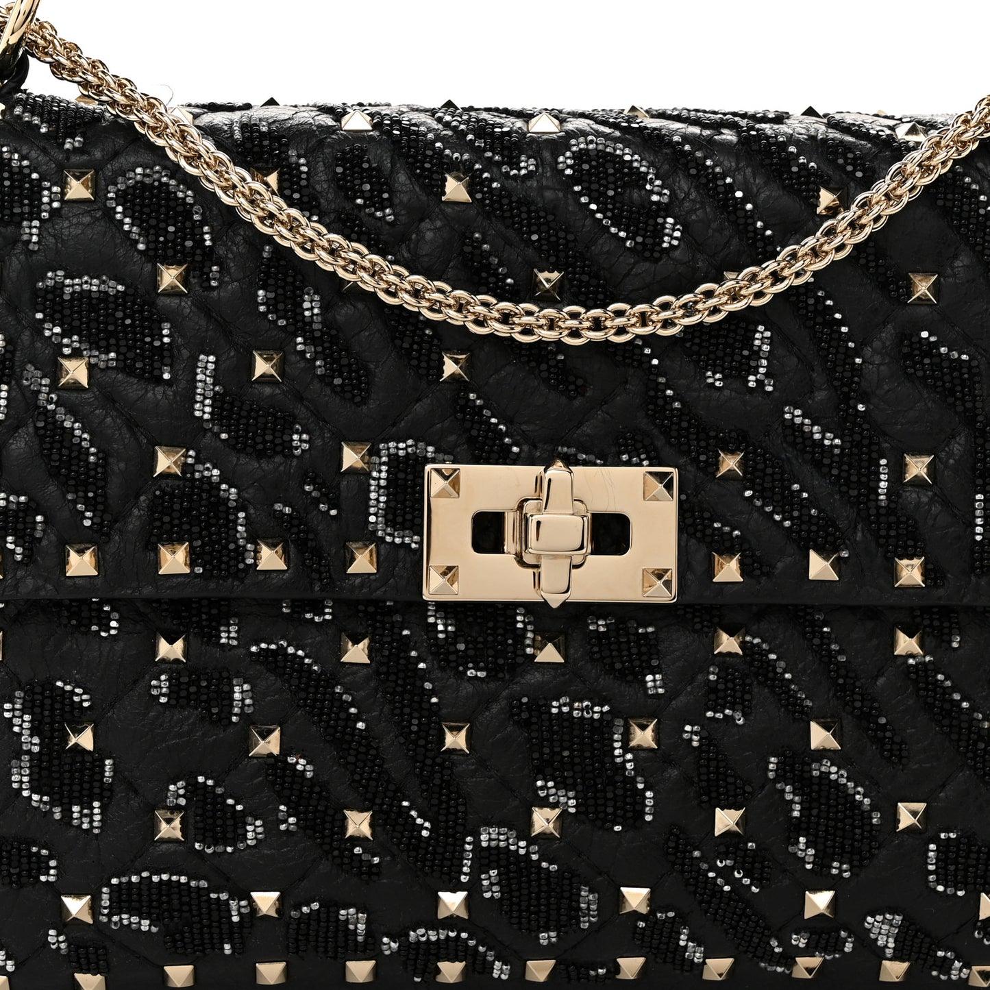 Lambskin Sequin Medium Rockstud Spike Shoulder Bag Black