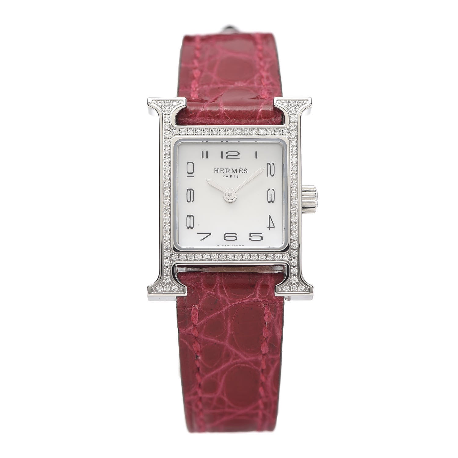 Hermes Stainless Steel Alligator Diamond Bezel Mother of Pearl 17.2mm Heure H Hour Quartz Watch Braise 1 of 7