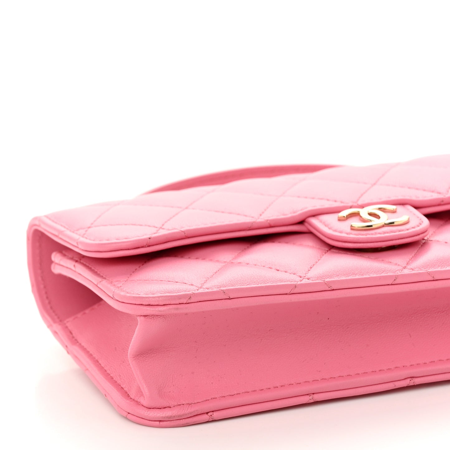 Lambskin Quilted Flap Phone Holder With Chain Pink