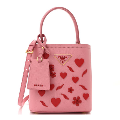 Prada Saffiano City Calf Heart & Flower Small Panier Bucket Bag  Pink Red 1 of 12