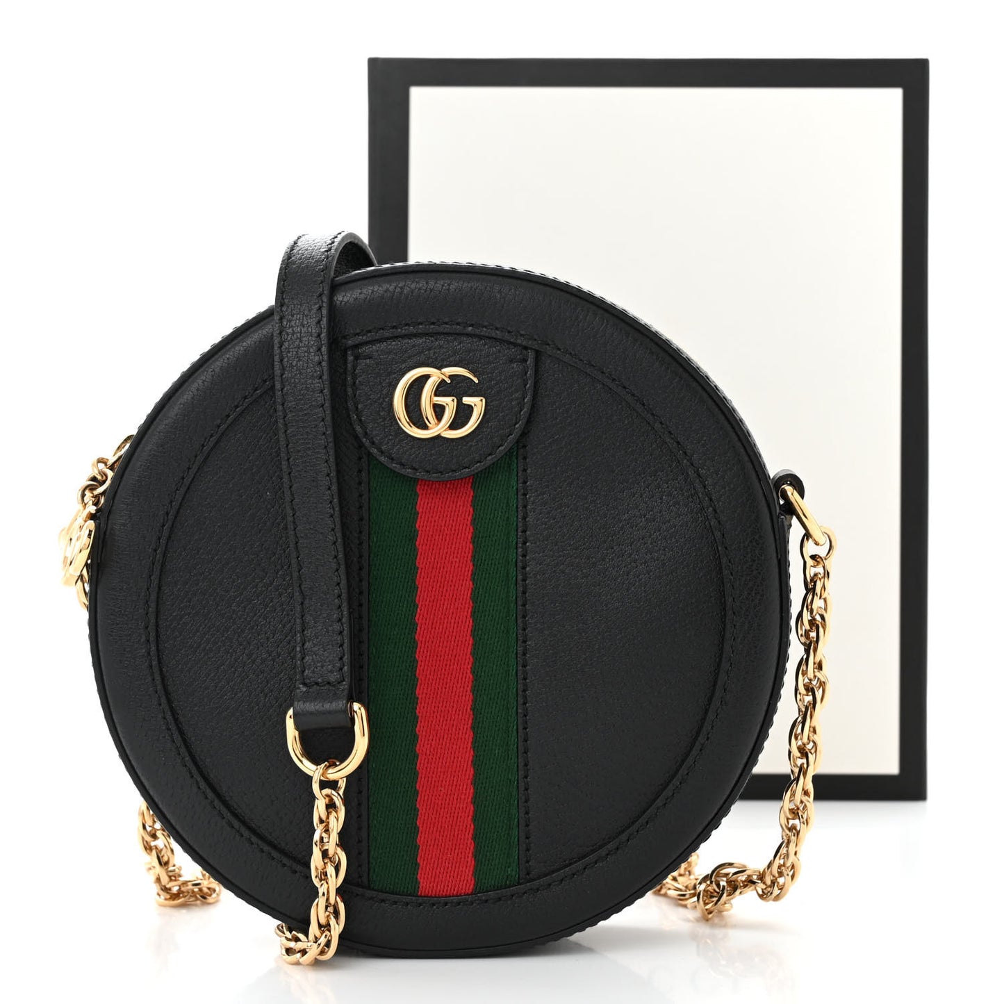 Grained Calfskin Web Mini Ophidia Round Shoulder Bag Black