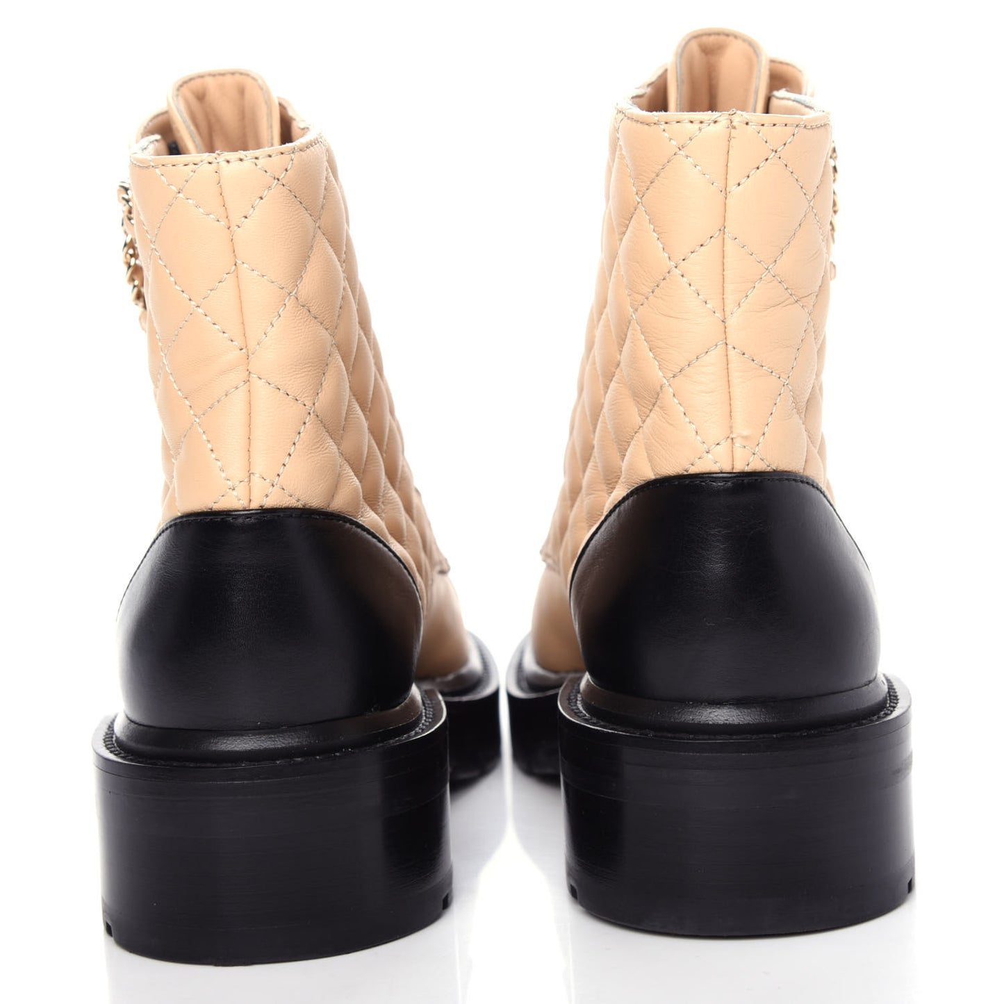 Lambskin Calfskin Quilted Lace Up Combat Boots 36.5 Beige Black