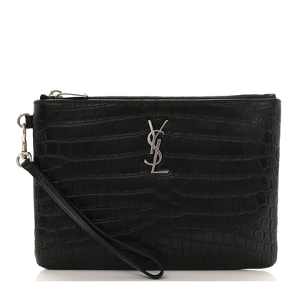 Saint Laurent Calfskin Crocodile Embossed Monogram Zip Pouch Black 1 of 14