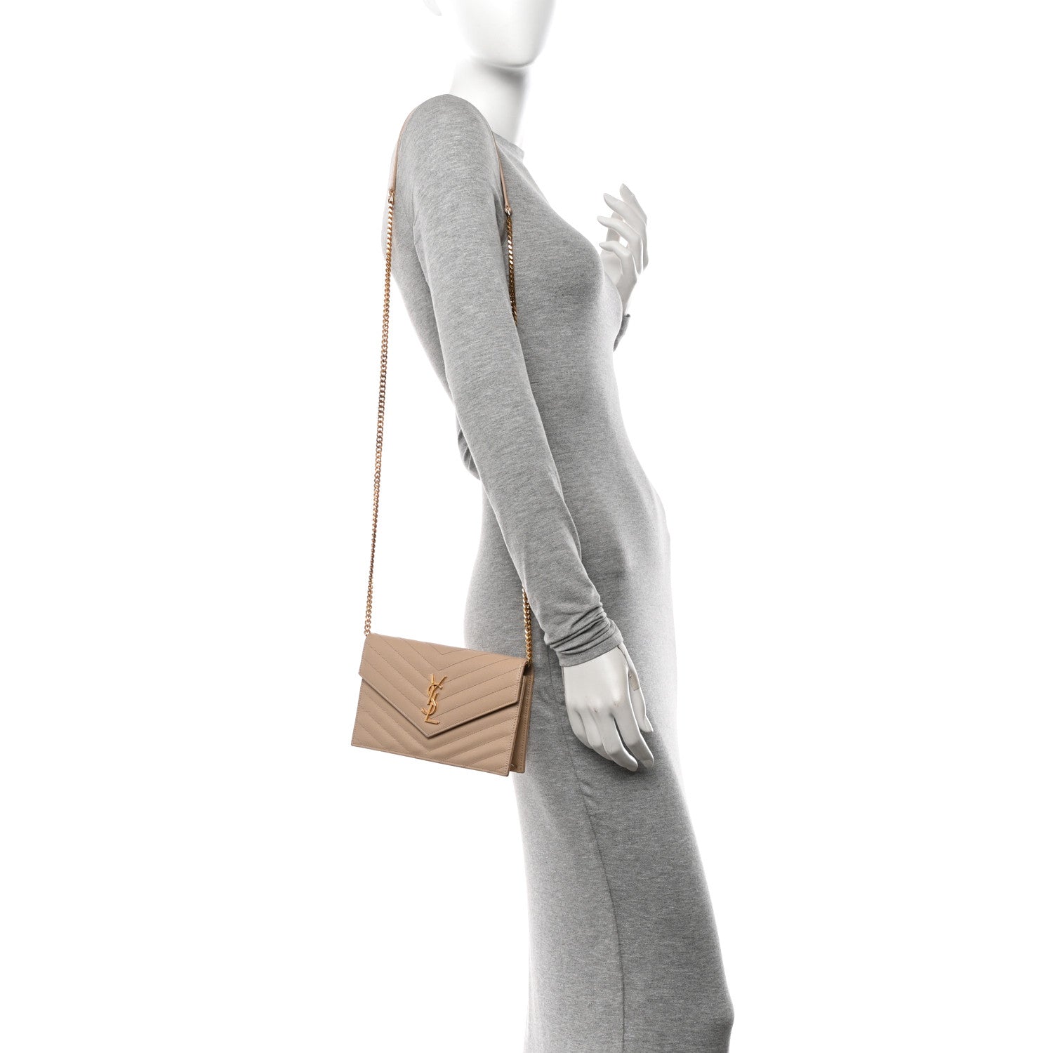 Saint Laurent Grain De Poudre Matelasse Chevron Monogram Envelope Chain Wallet Nude Powder 2 of 13