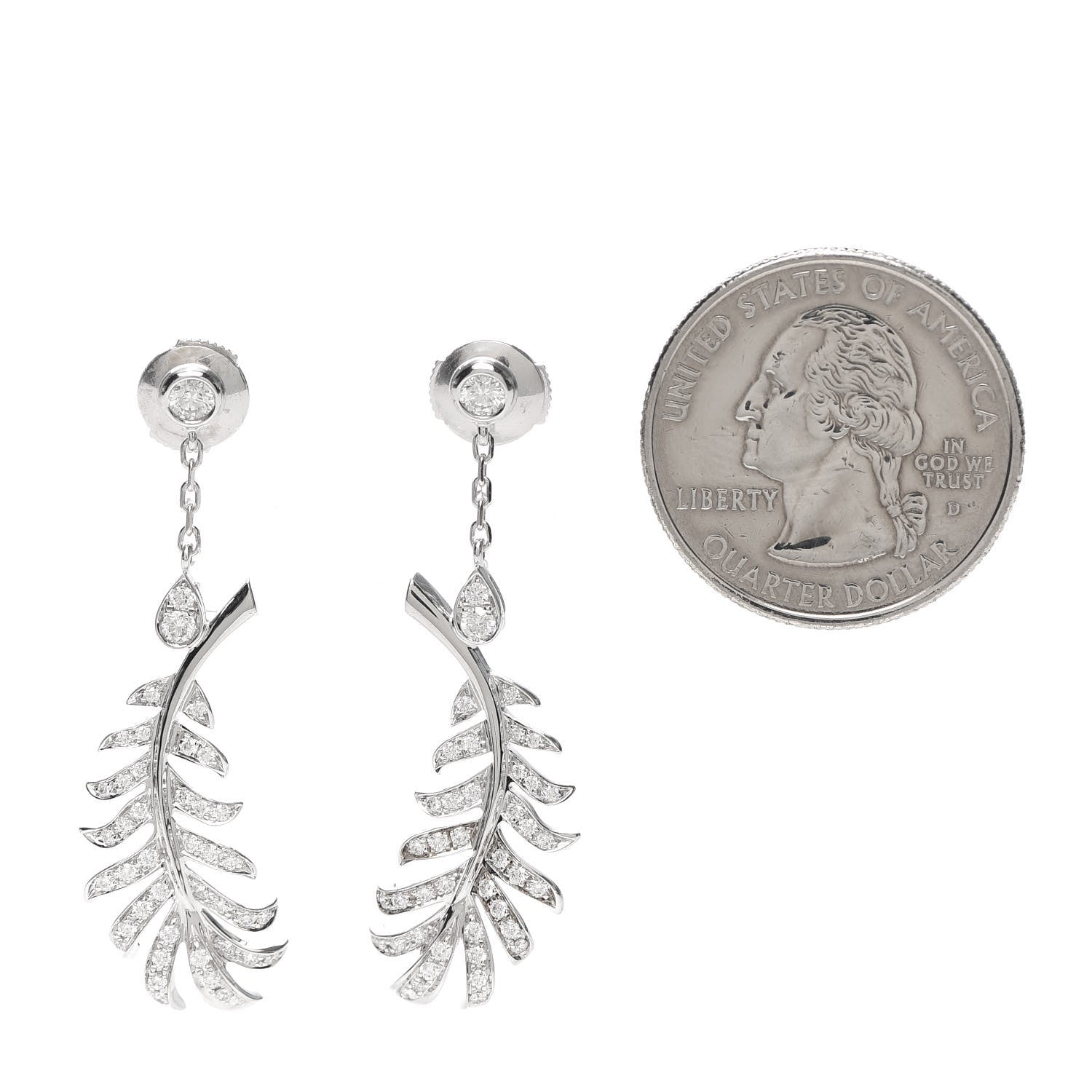Chanel 18K White Gold Diamond Plume De Chanel Drop Earrings 2 of 3