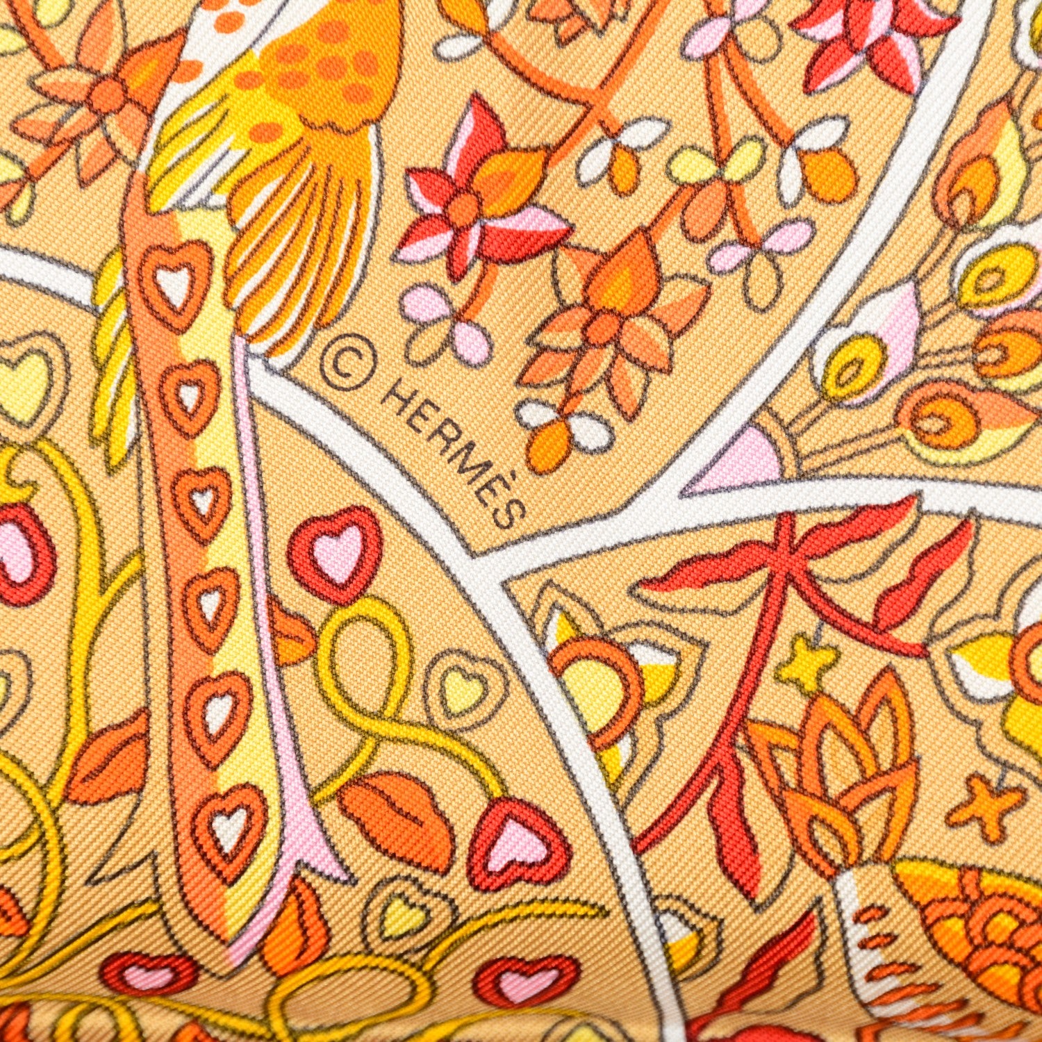 Hermes Silk Au Pays Des Oiseaux Fleurs Scarf 90 Beige Rose Orange 5 of 6