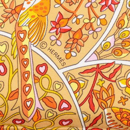 Hermes Silk Au Pays Des Oiseaux Fleurs Scarf 90 Beige Rose Orange 5 of 6
