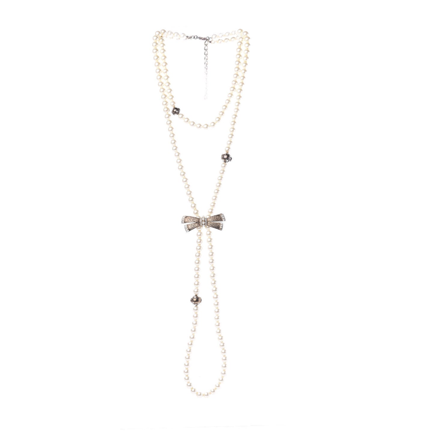 Pearl Crystal CC Bow Long Necklace Gold