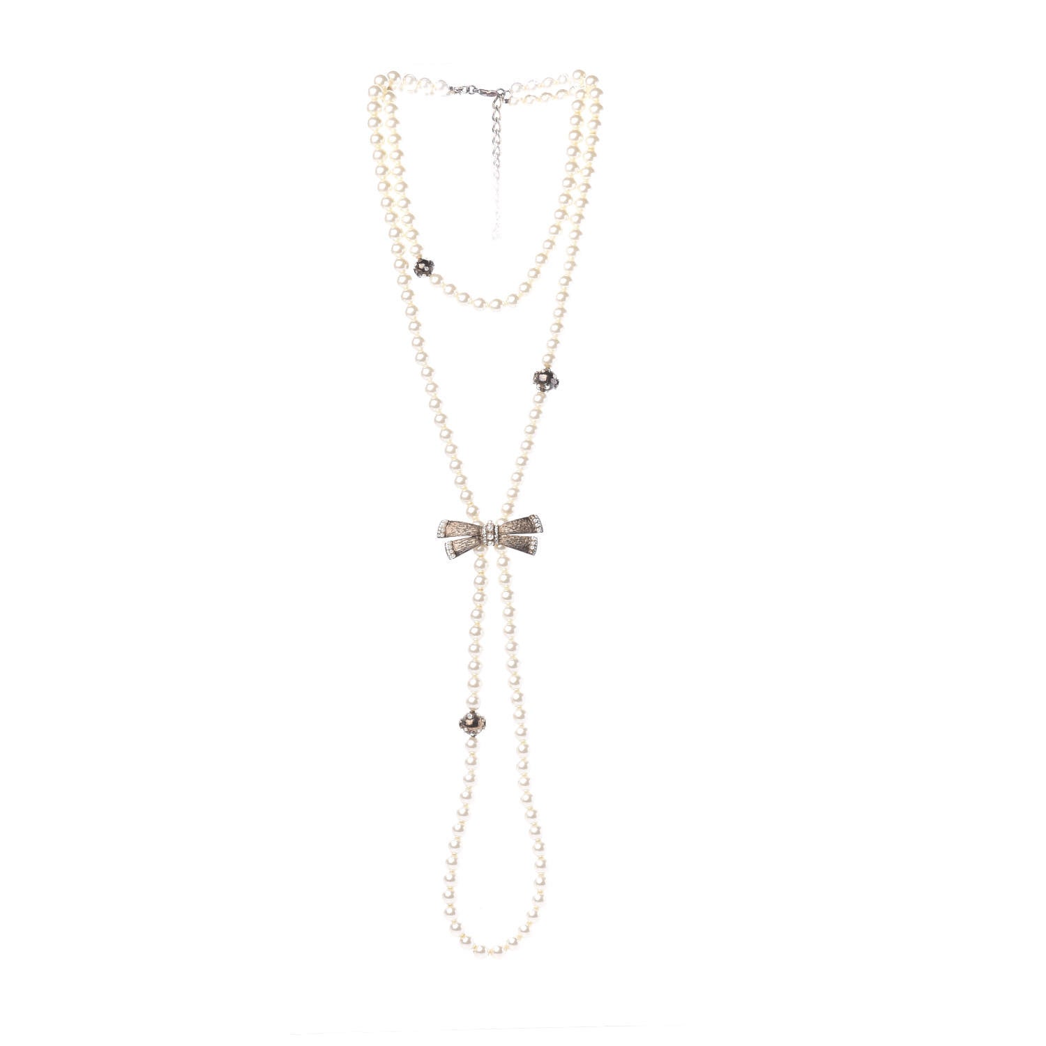 Chanel Pearl Crystal CC Bow Long Necklace Gold 2 of 3