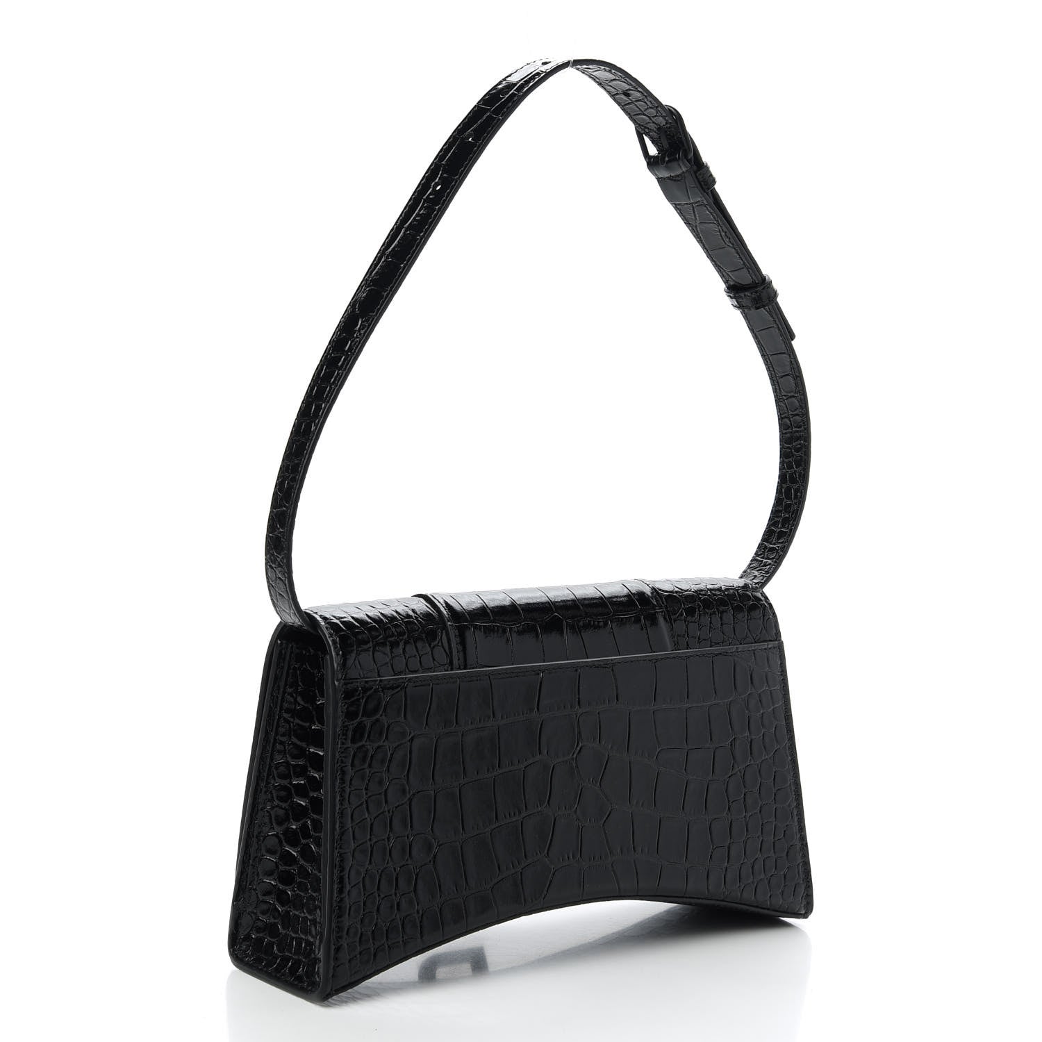 Balenciaga Shiny Calfskin Monochrome Crocodile Embossed Small Hourglass Sling Shoulder Bag Black 3 of 9