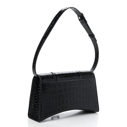 Balenciaga Shiny Calfskin Monochrome Crocodile Embossed Small Hourglass Sling Shoulder Bag Black 3 of 9