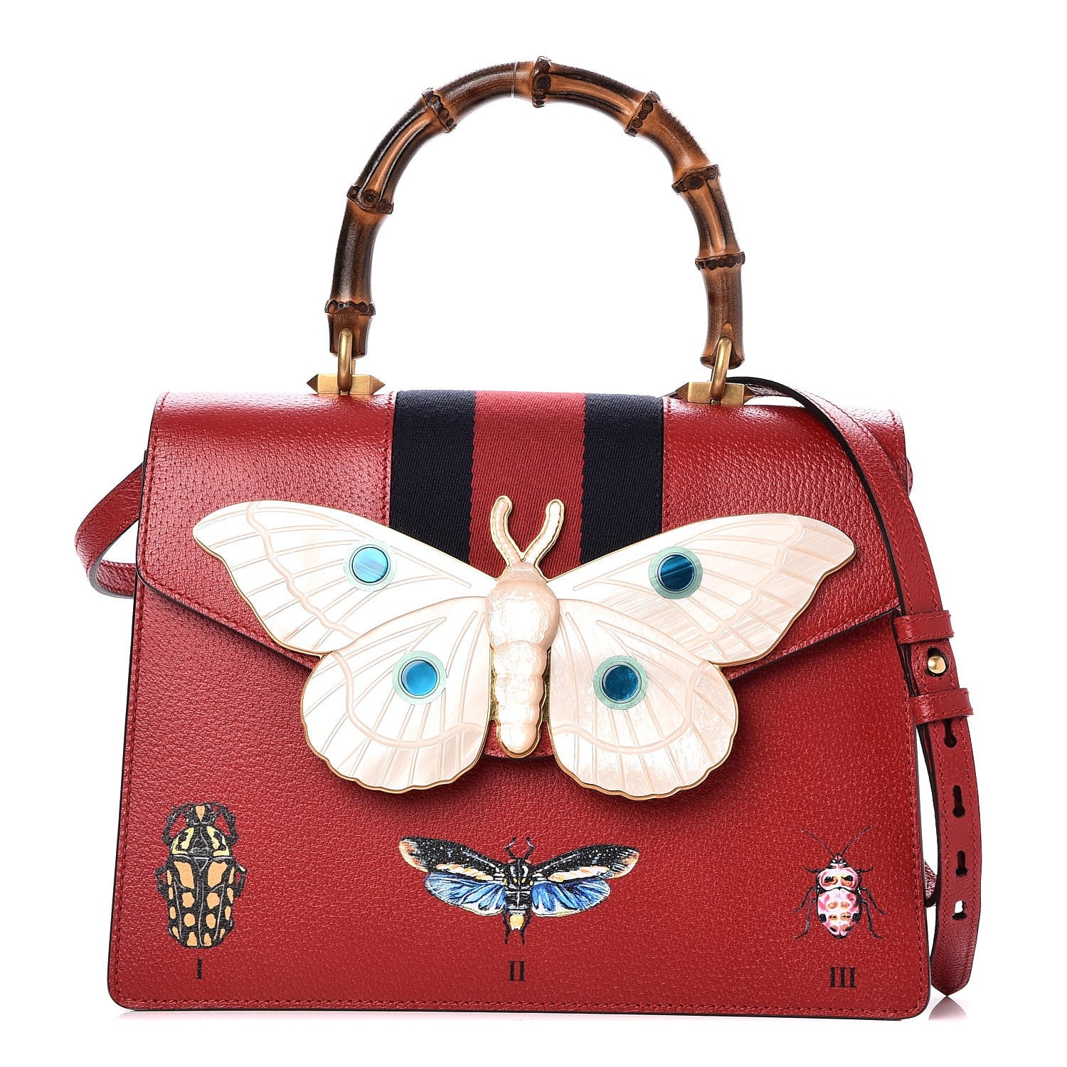 Gucci Calfskin Bamboo Web Medium Falena Moth Top Handle Bag Hibiscus Red 1 of 8