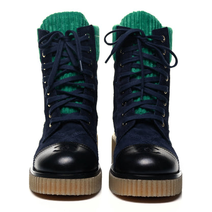 Chanel Suede Calfskin Velvet Quilted CC Combat Boots 38 Navy Green Black 2 of 9