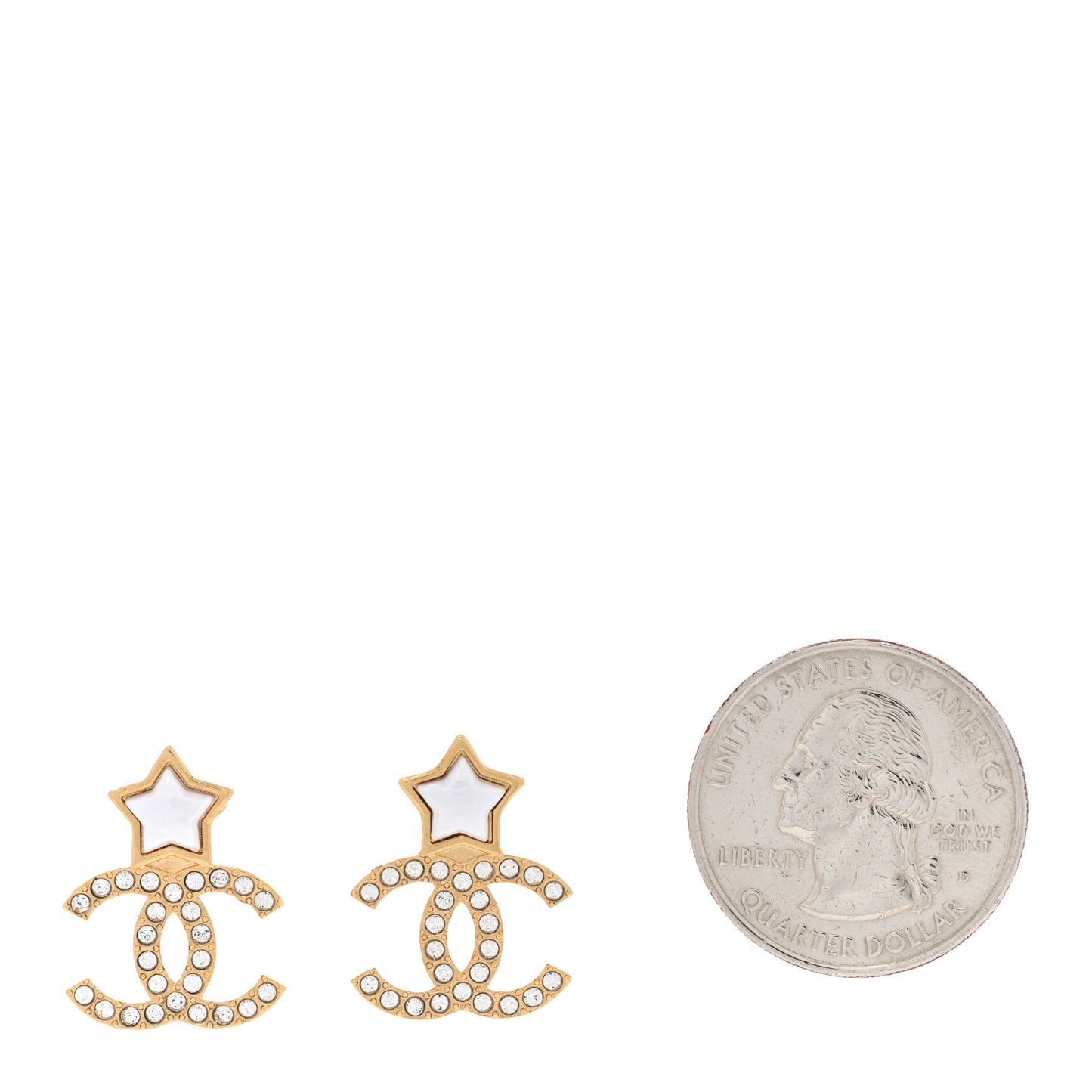 Metal Crystal Pearl CC Star Earrings Gold Pearly White