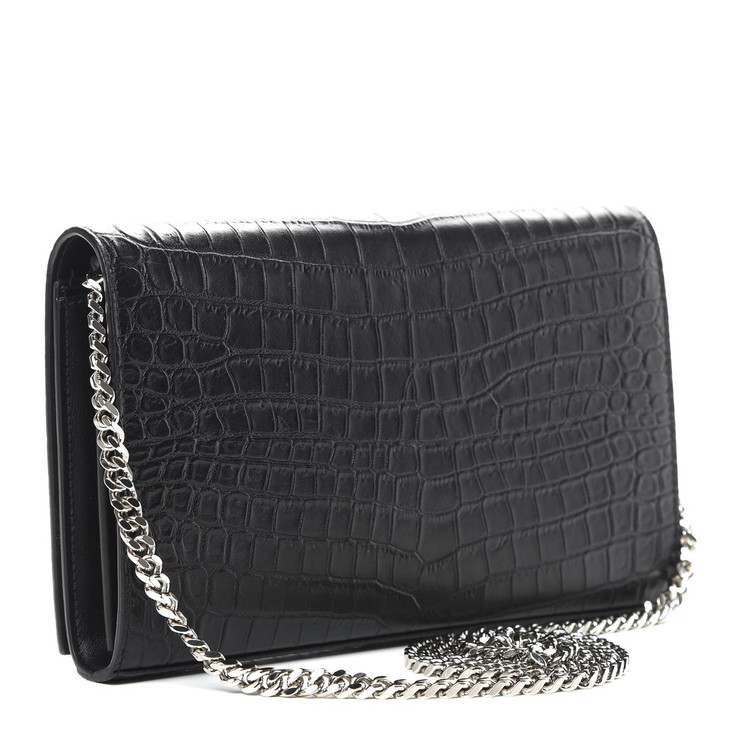 Calfskin Crocodile Embossed Monogram Chain Wallet Black