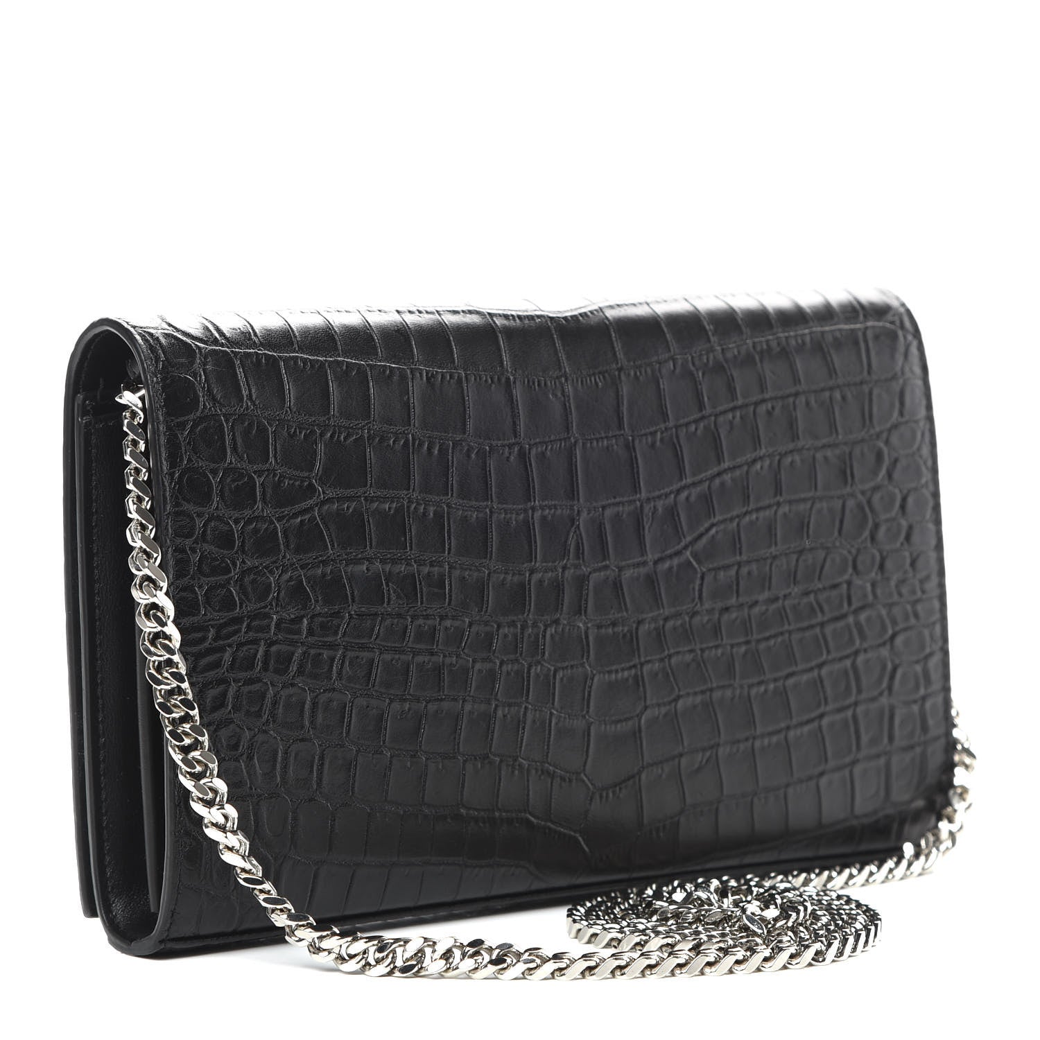 Saint Laurent Calfskin Crocodile Embossed Monogram Chain Wallet Black 3 of 13