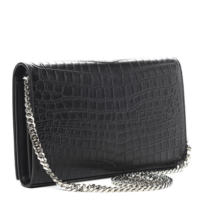 Saint Laurent Calfskin Crocodile Embossed Monogram Chain Wallet Black 3 of 13