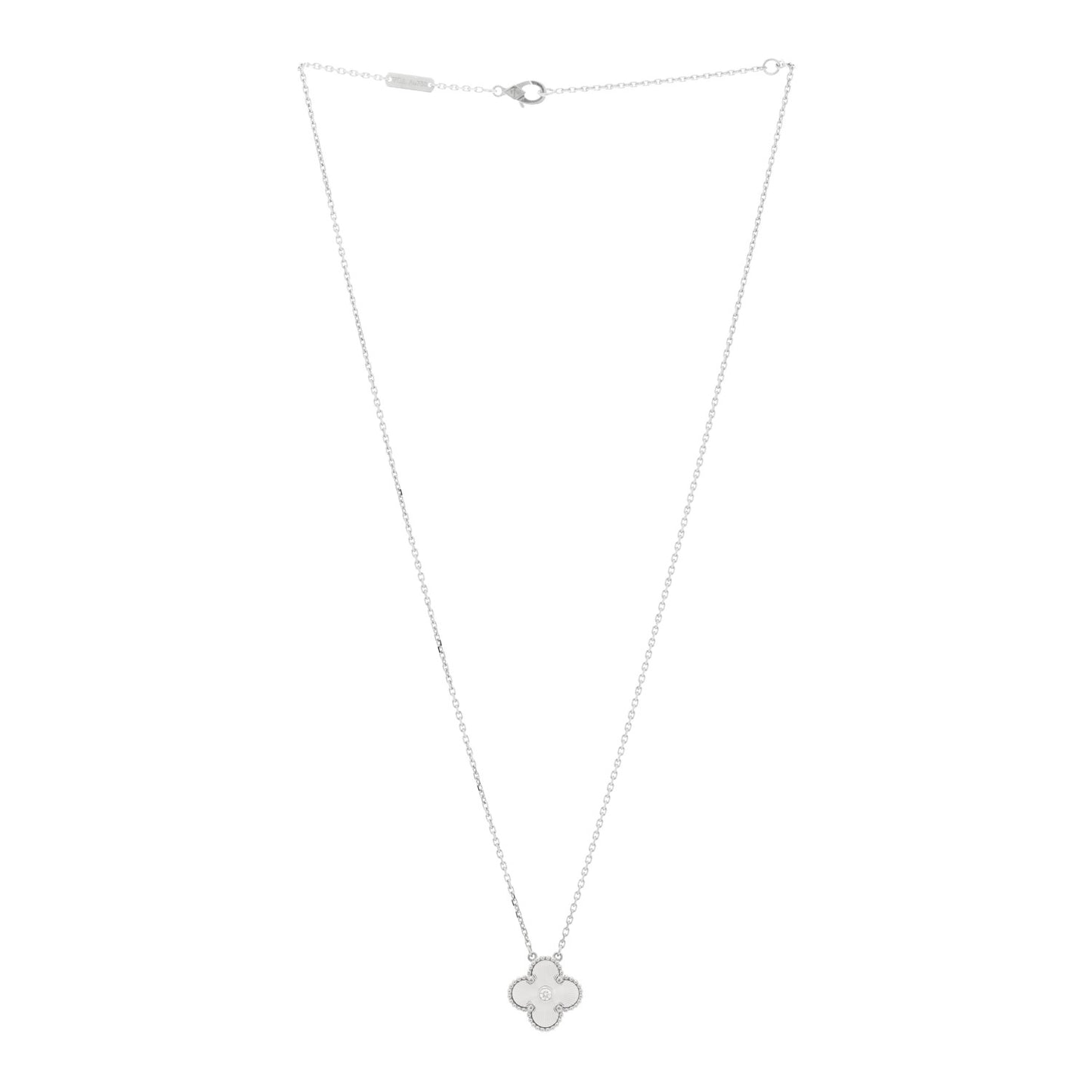 18K White Gold Diamond Guilloche Vintage Alhambra Pendant Necklace