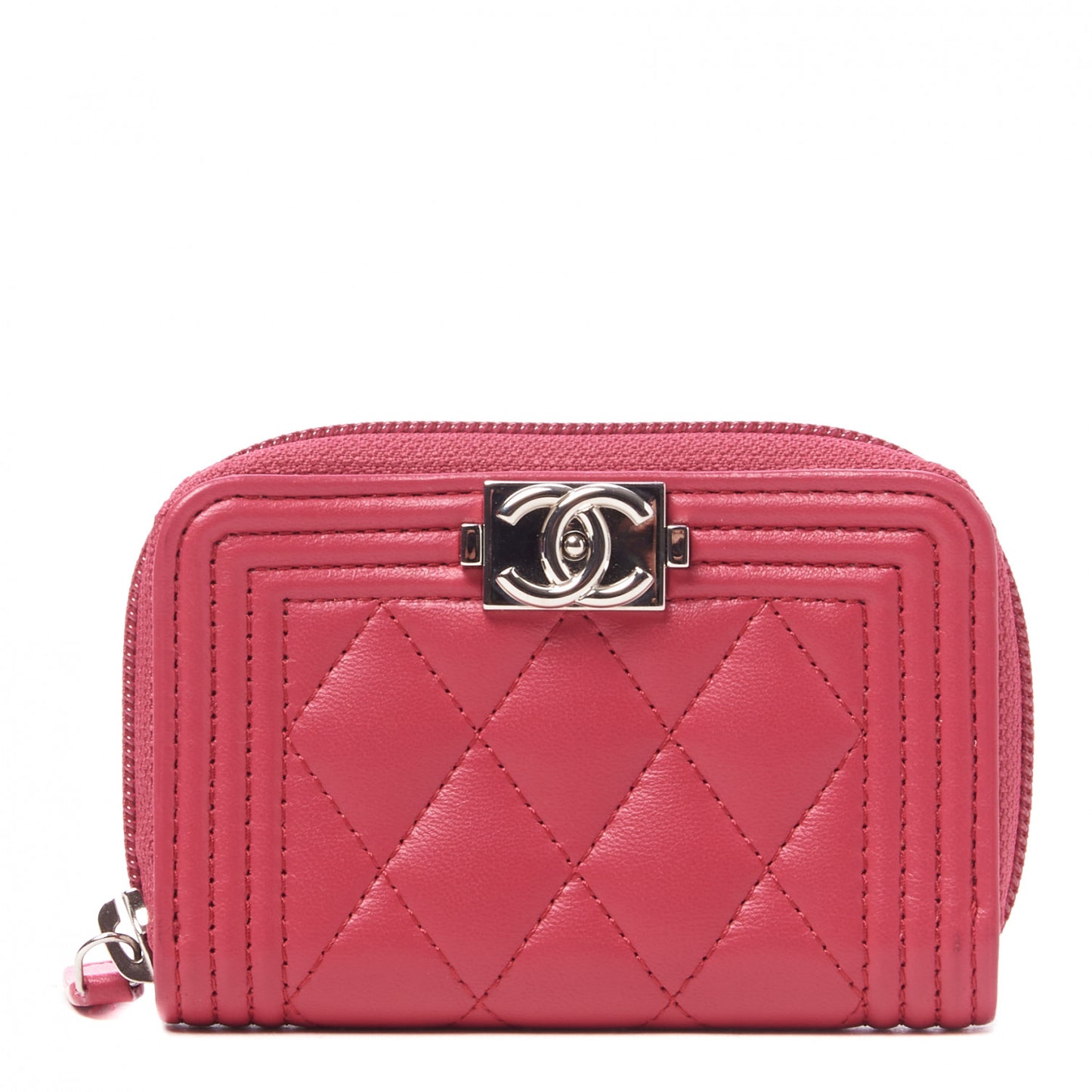 Lambskin Quilted Boy Zip Around Coin Purse Wallet Fuchsia