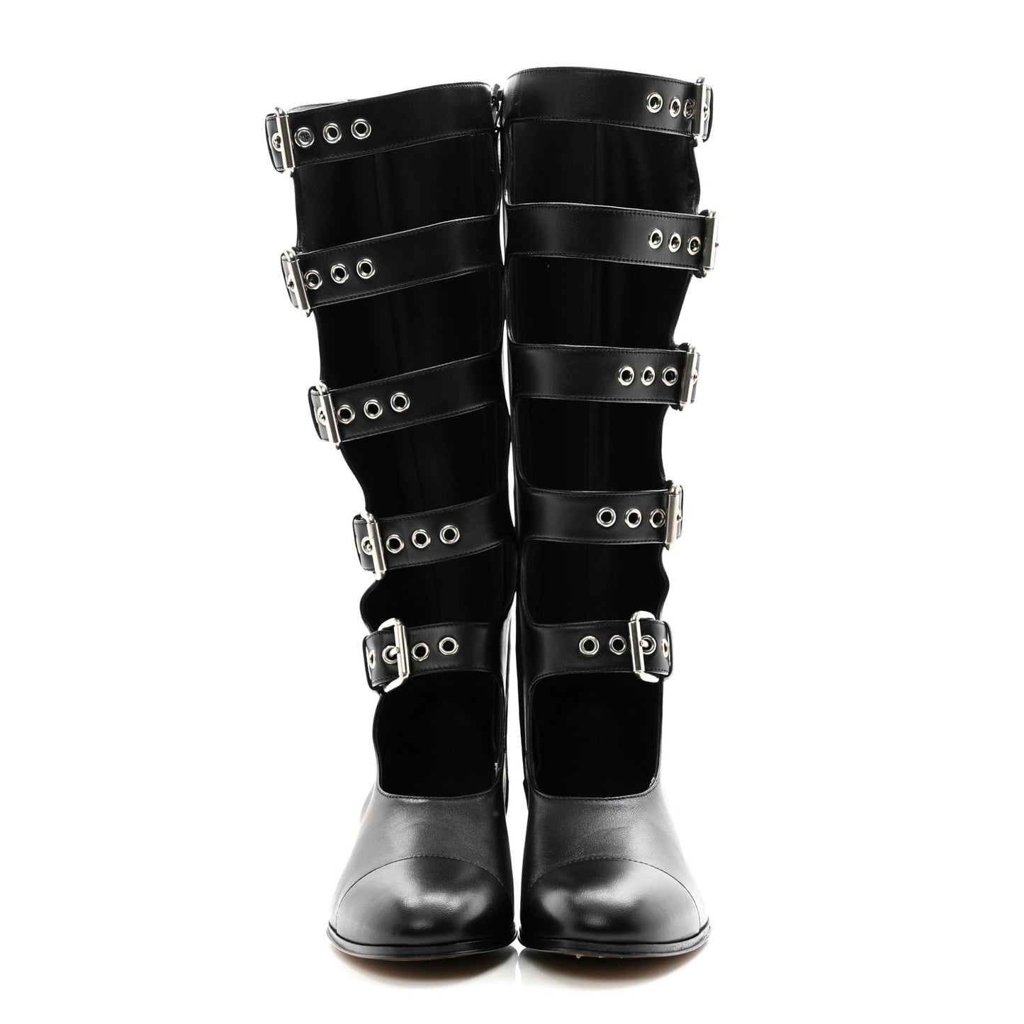 Calfskin Pin Buckle Knee High Boots 37 Black