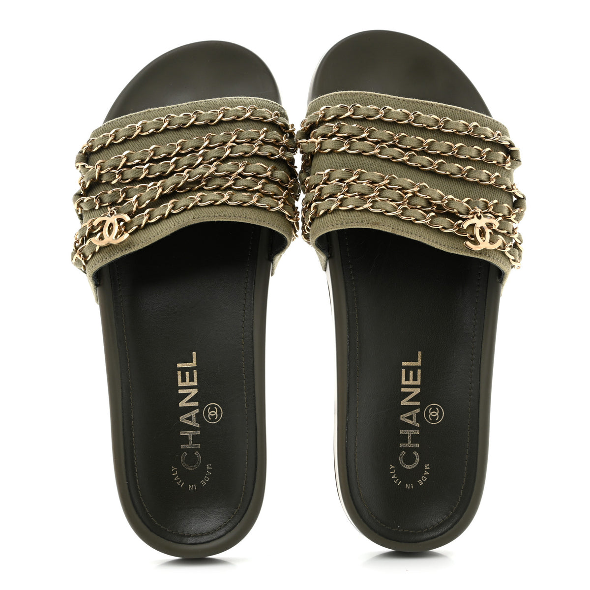 Canvas Chain Flat Sandals 38 Khaki
