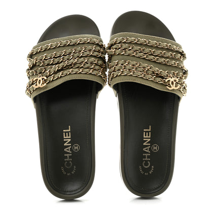 Chanel Canvas Chain Flat Sandals 38 Khaki 2 of 12