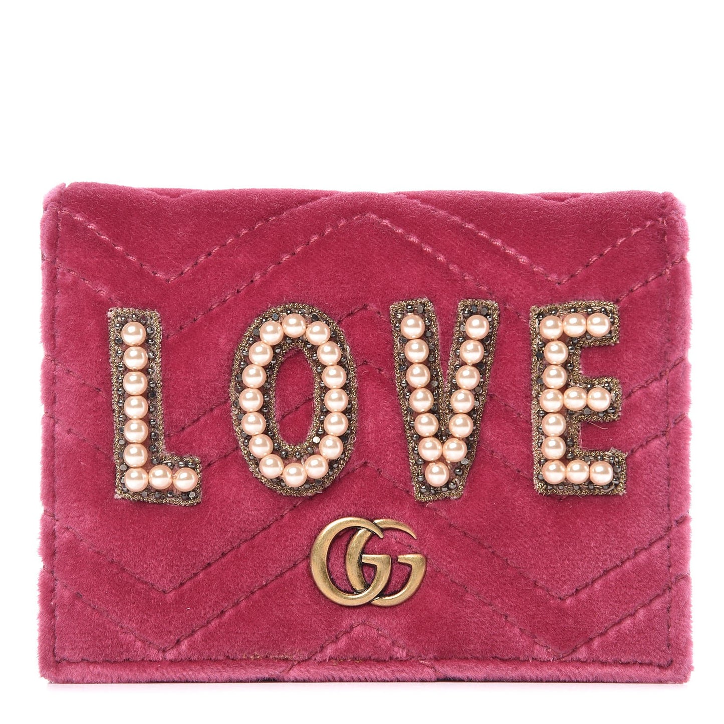 Velvet Matelasse Pearl Love Embroidered GG Marmont Card Case Wallet Light Raspberry Rose