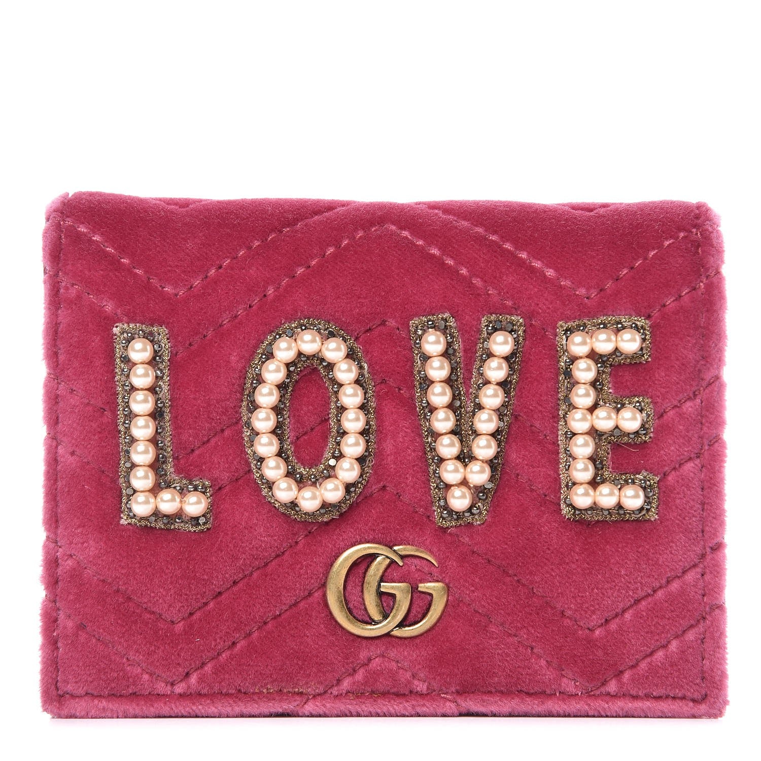 Gucci Velvet Matelasse Pearl Love Embroidered GG Marmont Card Case Wallet Light Raspberry Rose 1 of 7