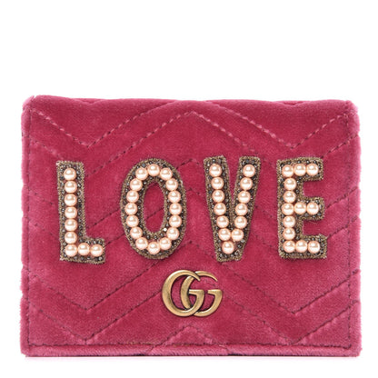 Gucci Velvet Matelasse Pearl Love Embroidered GG Marmont Card Case Wallet Light Raspberry Rose 1 of 7