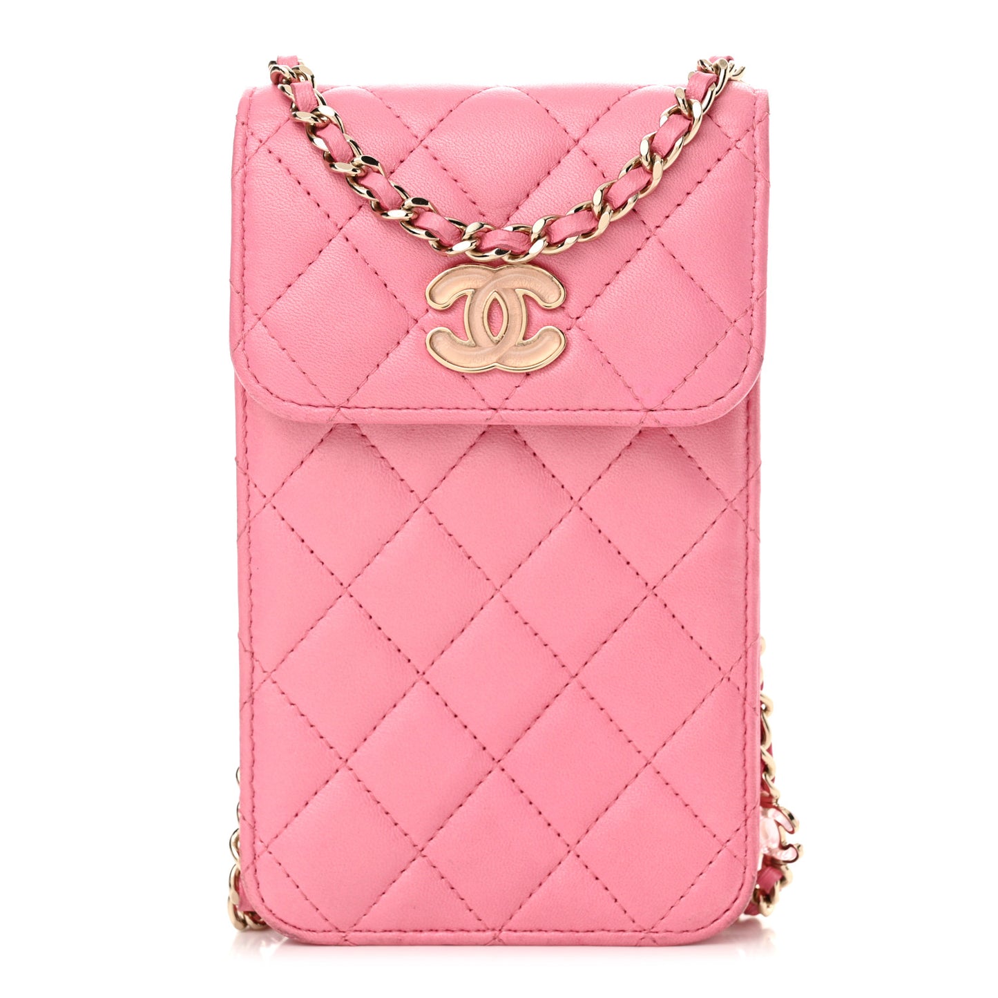 Lambskin Resin Quilted Phone Holder With Chain Pink
