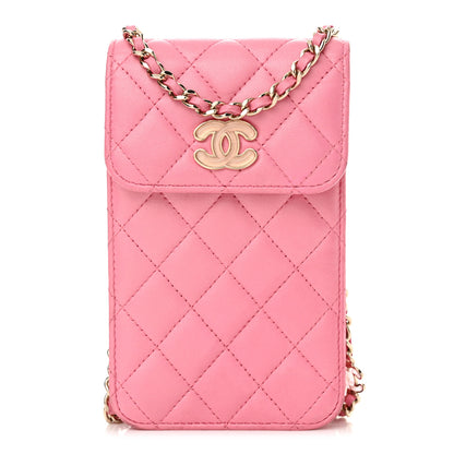 Chanel Lambskin Resin Quilted Phone Holder With Chain Pink 1 of 16