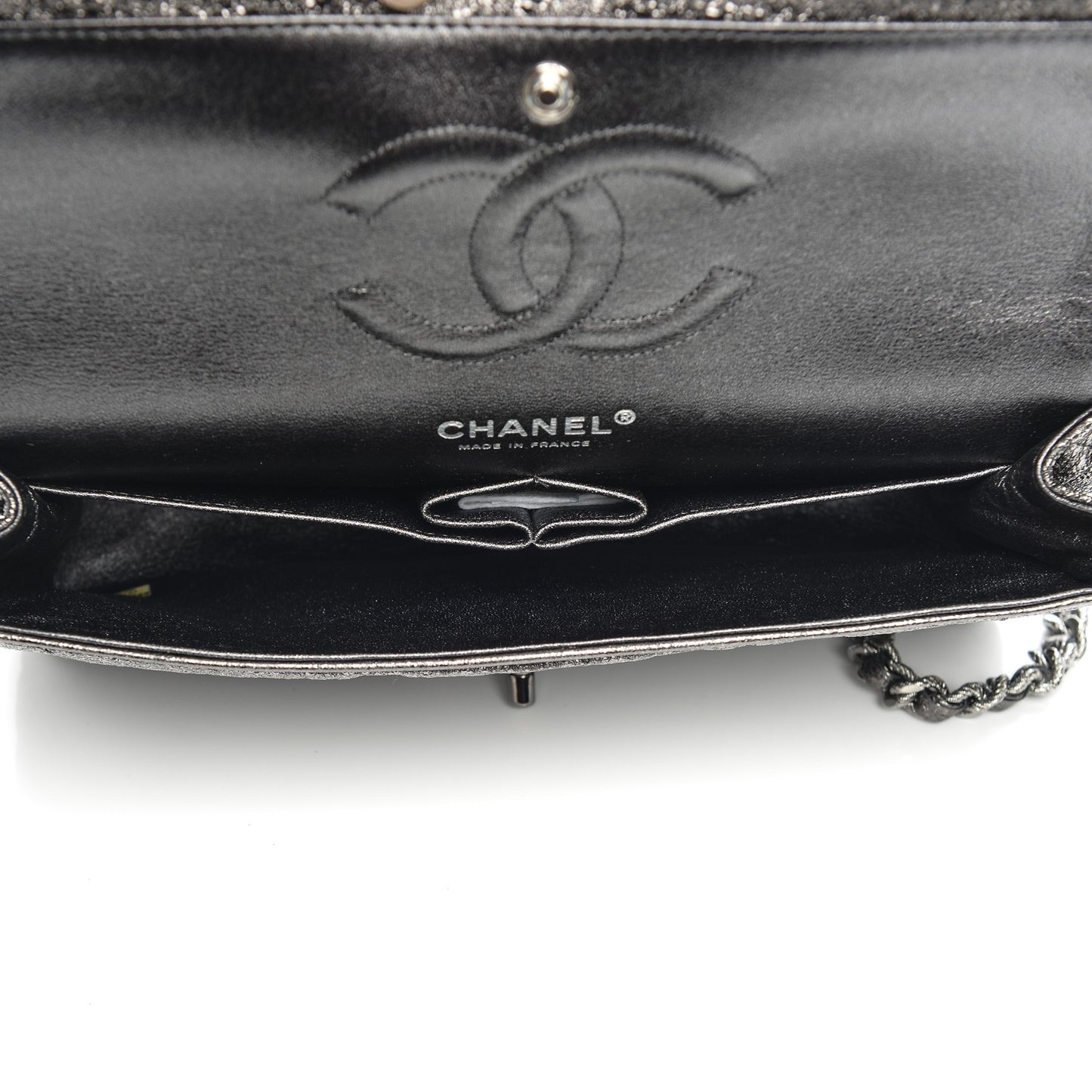 Metallic Crackled Calfskin Medium Double Flap Argent Fonce