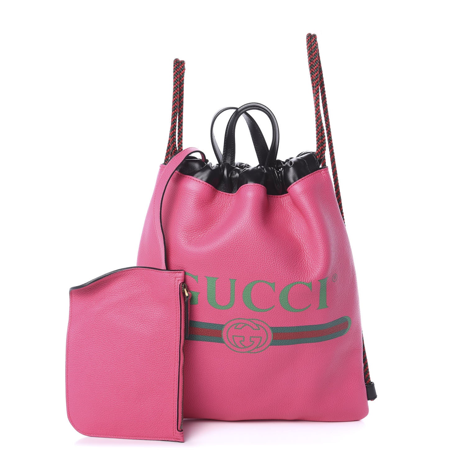 Gucci Grained Calfskin Logo Drawstring Backpack Box Pink Green Black 1 of 7