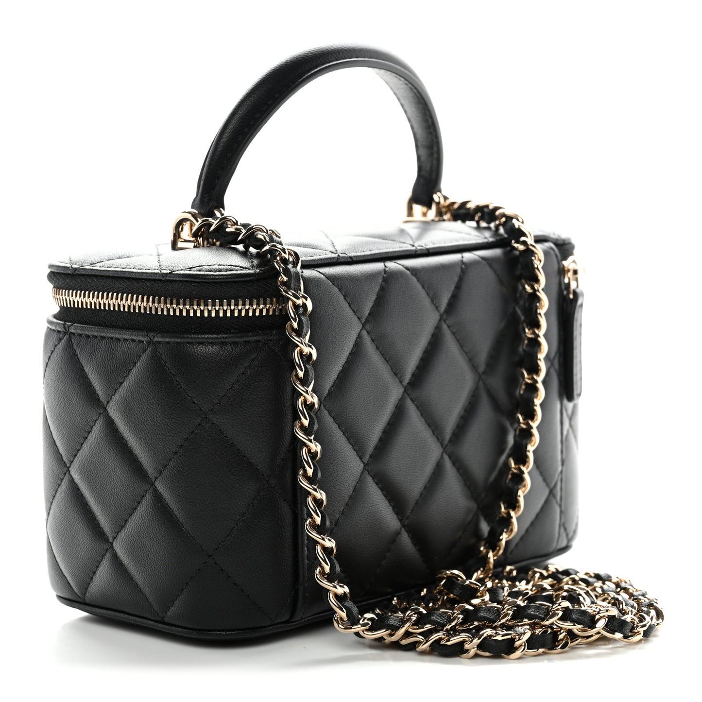 Lambskin Quilted Small Top Handle Vanity Case With Chain Black