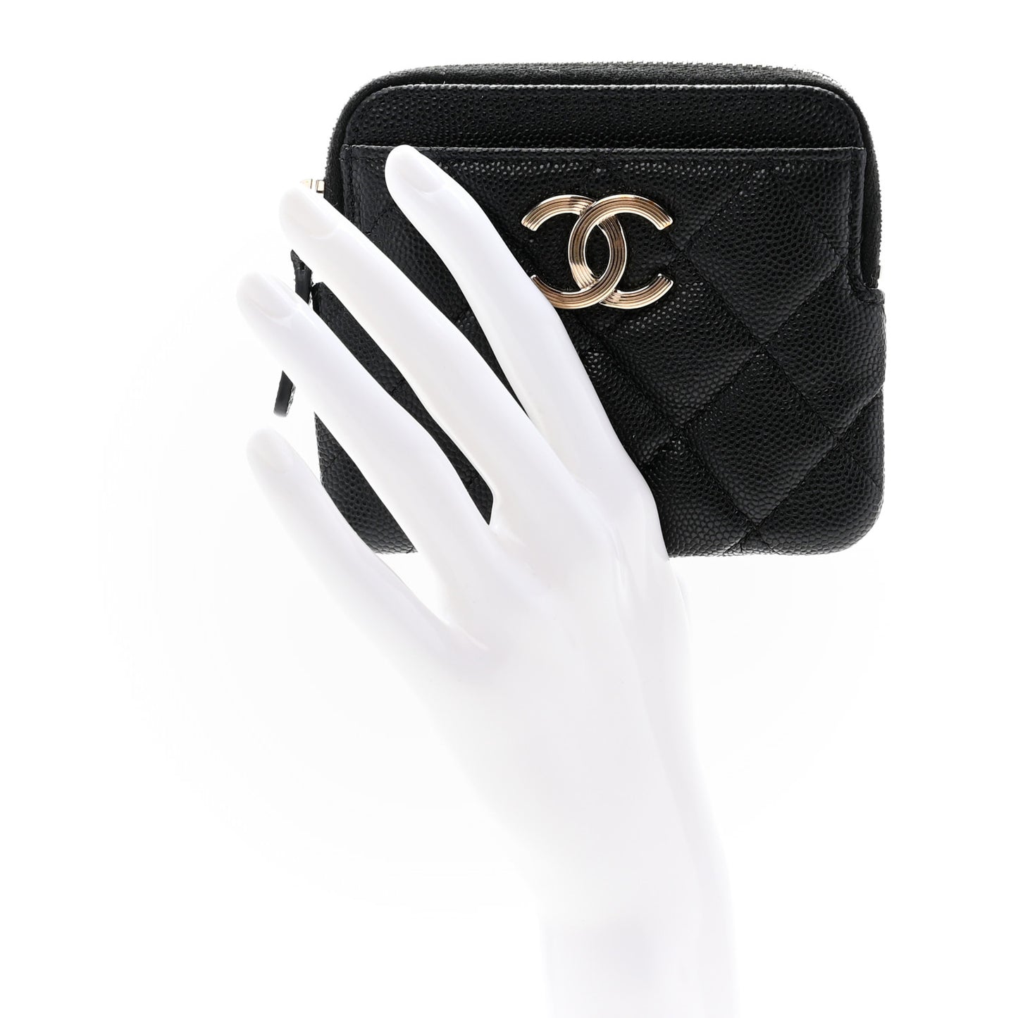 Caviar Metal Quilted Striated Zip Card Holder Wallet Black